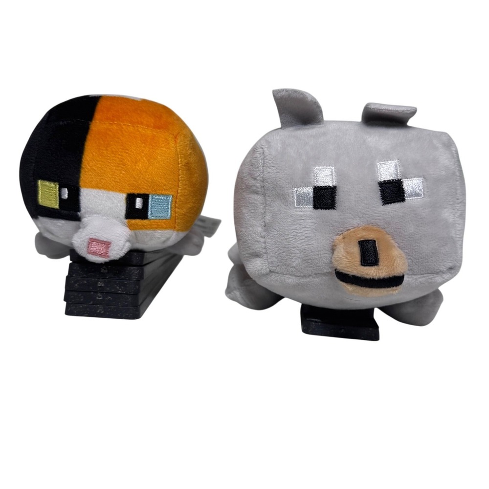 Minecraft Jazwares Calico Cat & Grey Wolf Tamed Red Collar Plush Pixel‎ Animal